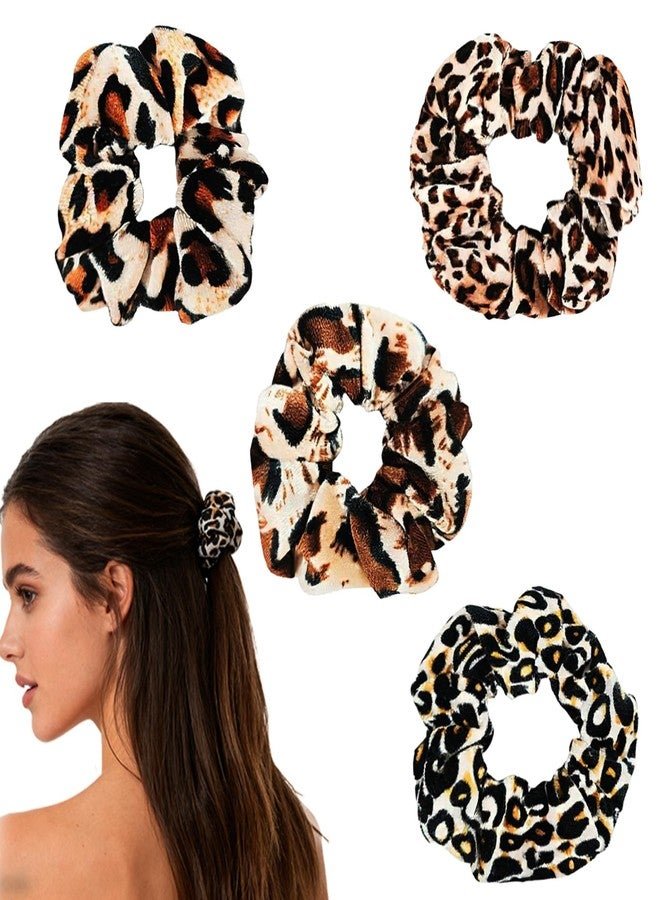 HAISENGO 4pcs Cheetah Scrunchie Hair Ties Ropes Elastic Lagre animal print velvet Leopard Scrunchies for Women Girls Pony Tails and Buns - Image 1